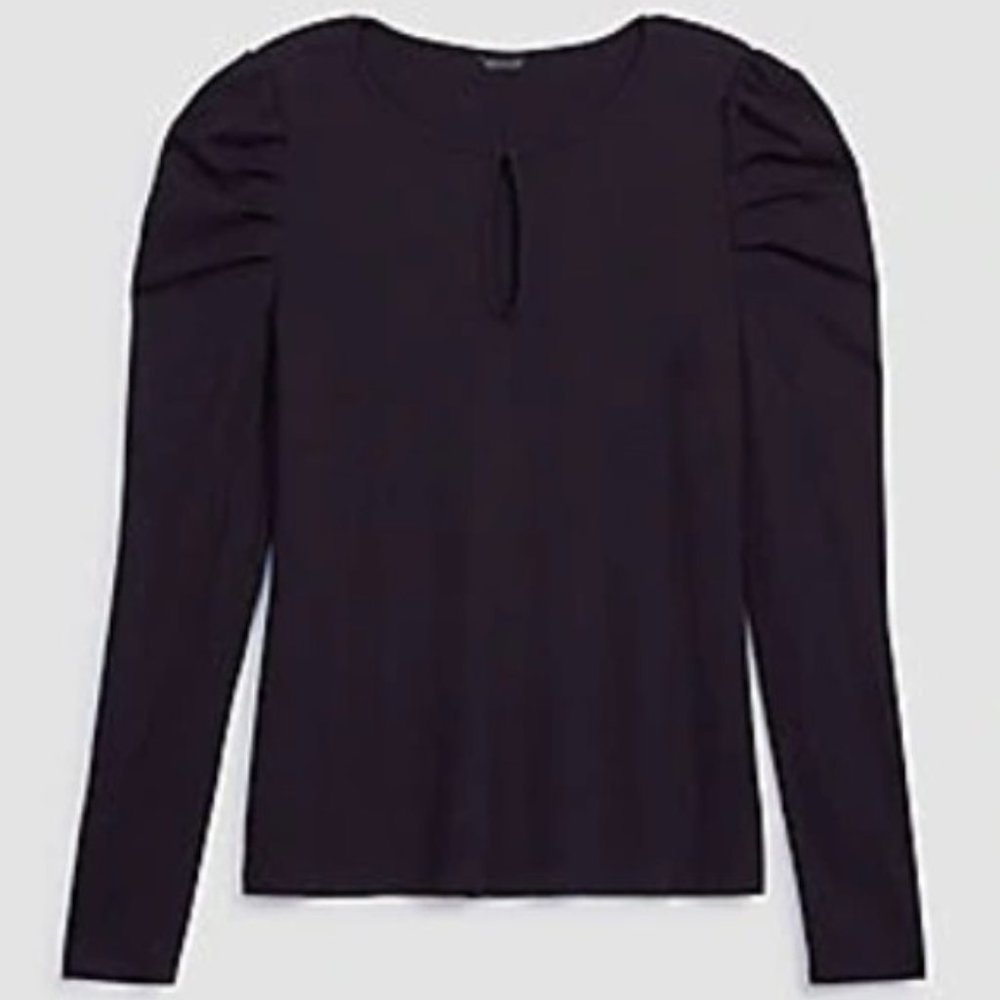 Ann Taylor Puff Shoulder Ribbed Keyhole Top - Black, M, NWT